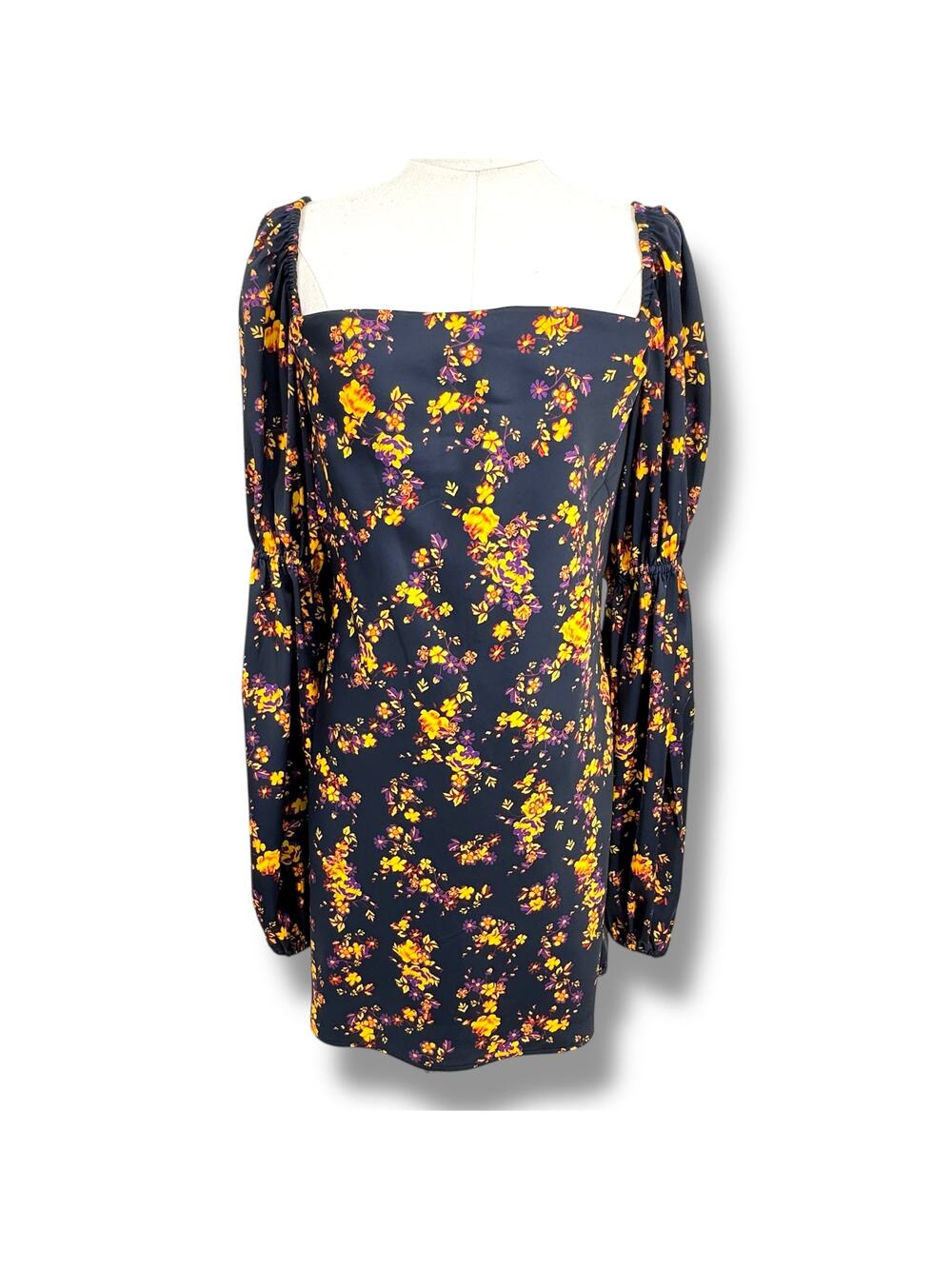 C/MEO Collective mini satin dress large bishop sleeves square neck blue floral